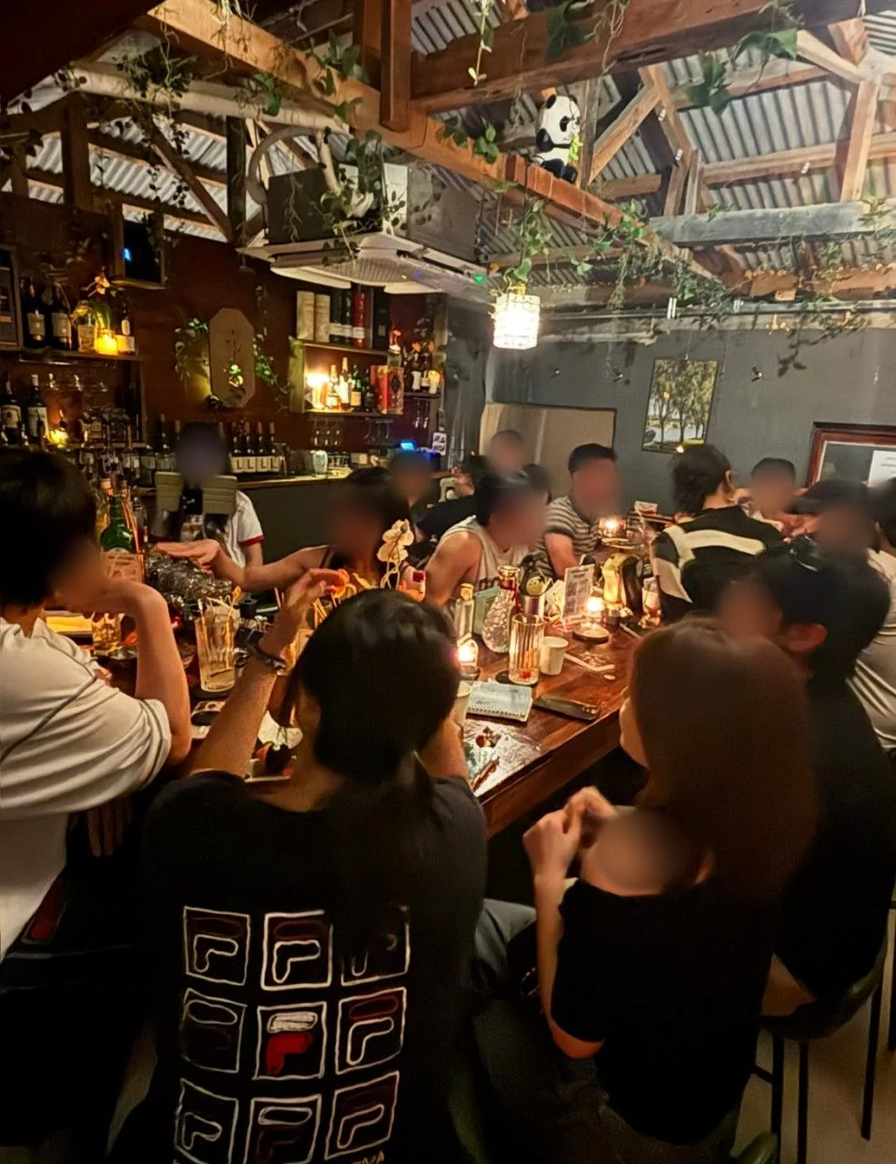 Guests seated around the bar counter under a raftered ceiling hung with vines